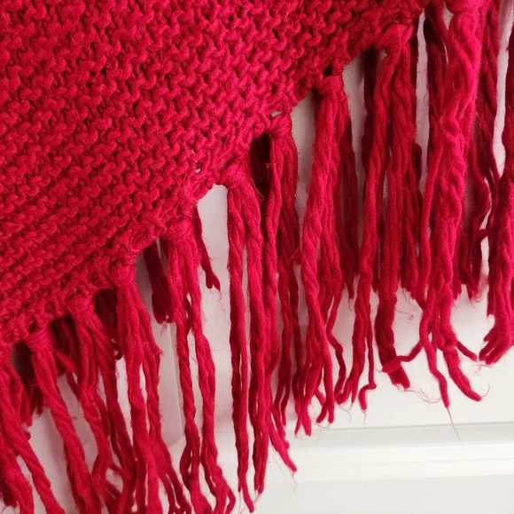 LOFT Red Knit Crochet Poncho with Tassel Fringe (One Size) - Picture 5 of 5